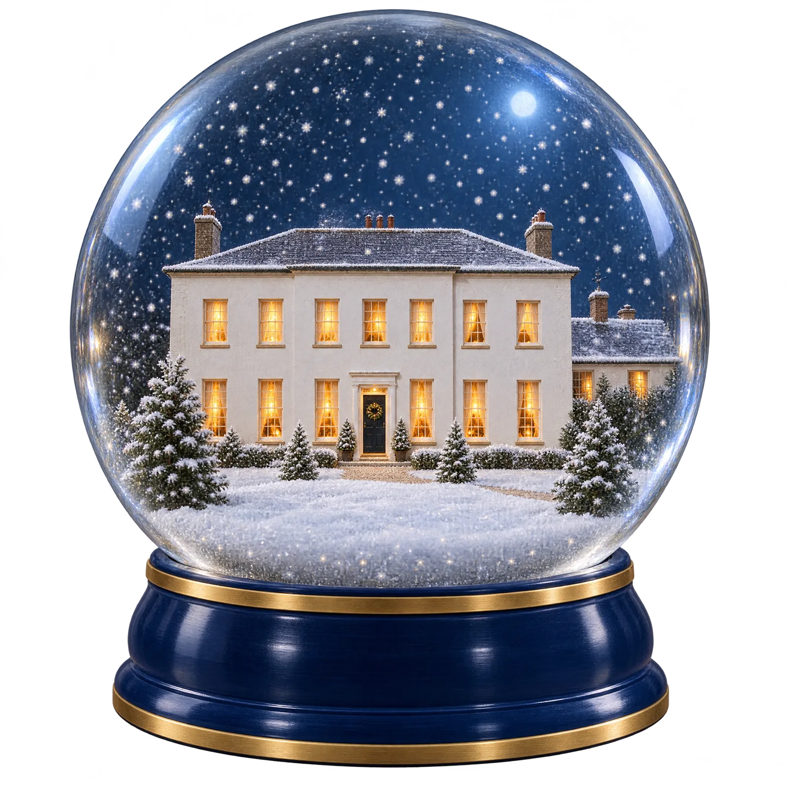 A snow globe holding a miniature Bellurgan Park house, its windows lit and the lawn covered in snow